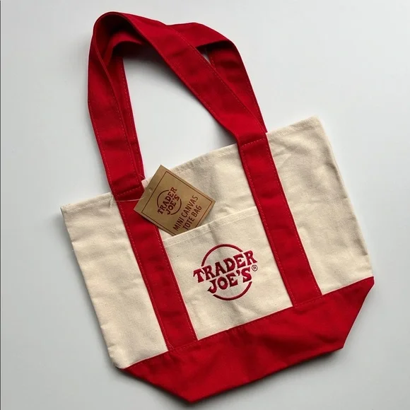 NWT Trader Joe’s Mini Canvas Tote Bag - Limited Edition Red & Cream - Picture 5 of 12